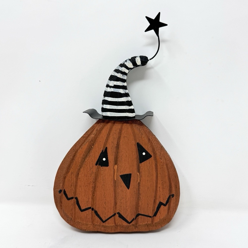 Primitives by Kathy Halloween‎ Pumpkin Head Chunky Sitter Wood Orange Black Hat